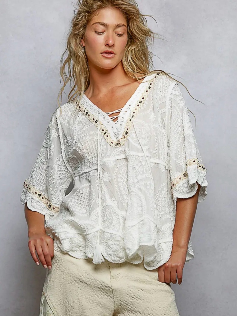 POL white lace crochet tapestry patchwork floral pullover tunic top blouse